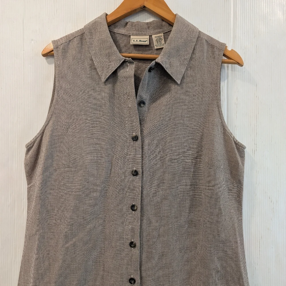L.L. BEAN Brown Tan Houndstooth Button Front Midi Sleeveless Shirt Dress Size 14 - Picture 4 of 9